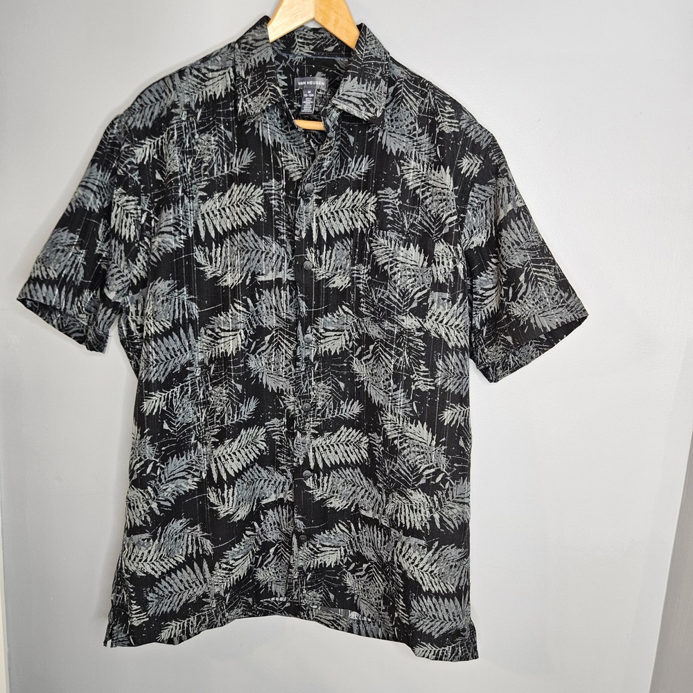 Van Heusen Mens‎ Medium Black Gray Tropical Leaf Short Sleeve Button Down Shirt